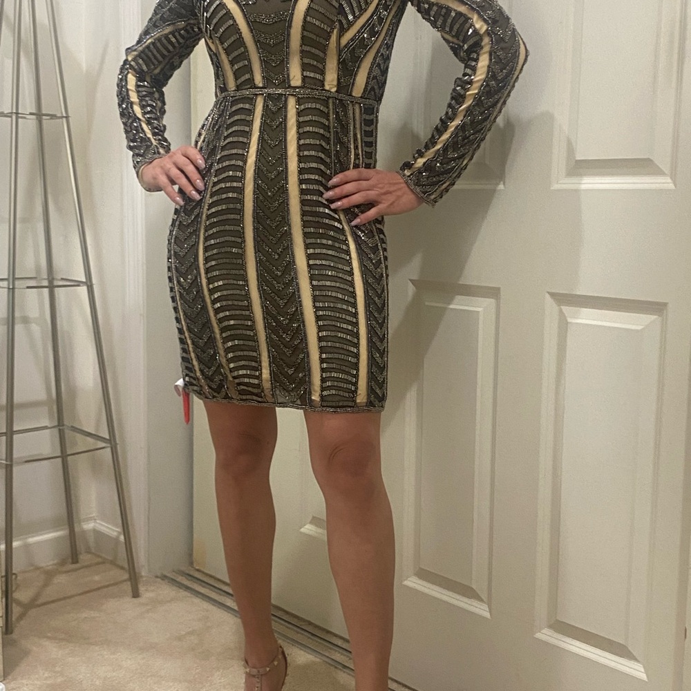 Parker Black and Gold Embellished Long Sleeve Dress